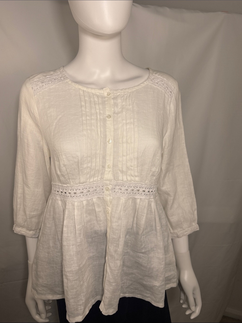 Freda White Cotton Pintuck Lace Blouse Size T3 US 8 10 Large Cottagecore Boho